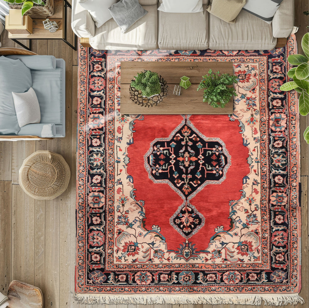6x9 Ruby Red, Beige, Aqua Color Hand Knotted Indo Tabriz Wool Traditional Oriental Rug