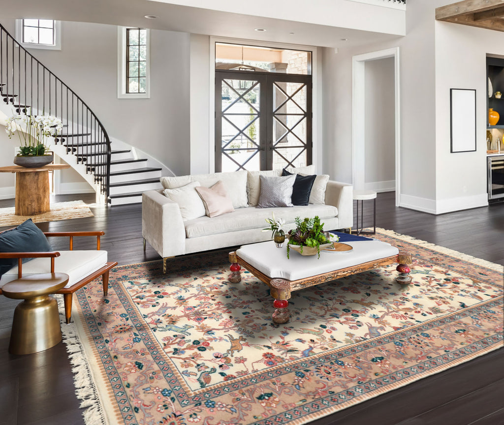 6x9 Ivory, Peach, Gray Color Hand Knotted Indo Persian Wool Traditional Oriental Rug
