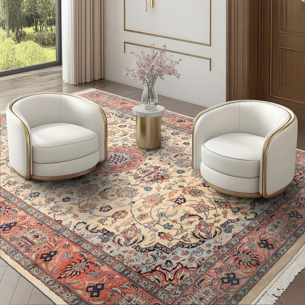6x10 Ivory, Rose, Blue Color Hand Knotted Indo Tabriz New Zealand Wool Traditional Oriental Rug