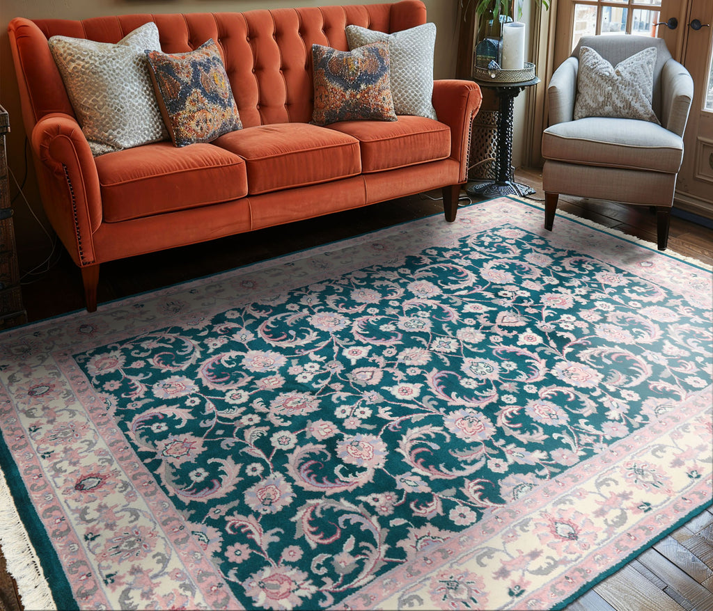 6x9 Emerald, Ivory, Pink Color Hand Knotted Indo Kashan Wool Traditional Oriental Rug