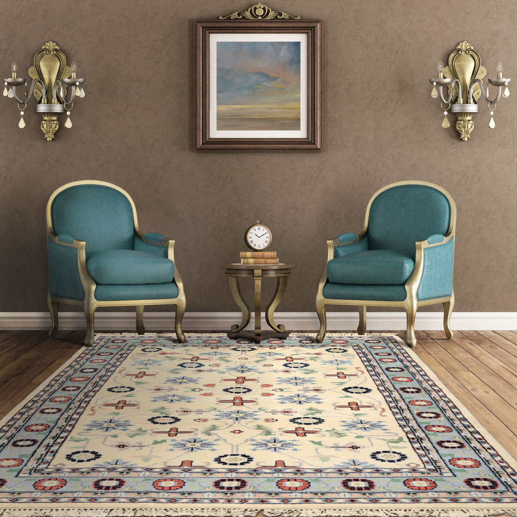 5x8 Ivory and blue bordered Indo-Kashan wool rug featuring mint and sage botanical details — modern oriental rug with balanced plush pile for elegant décor.