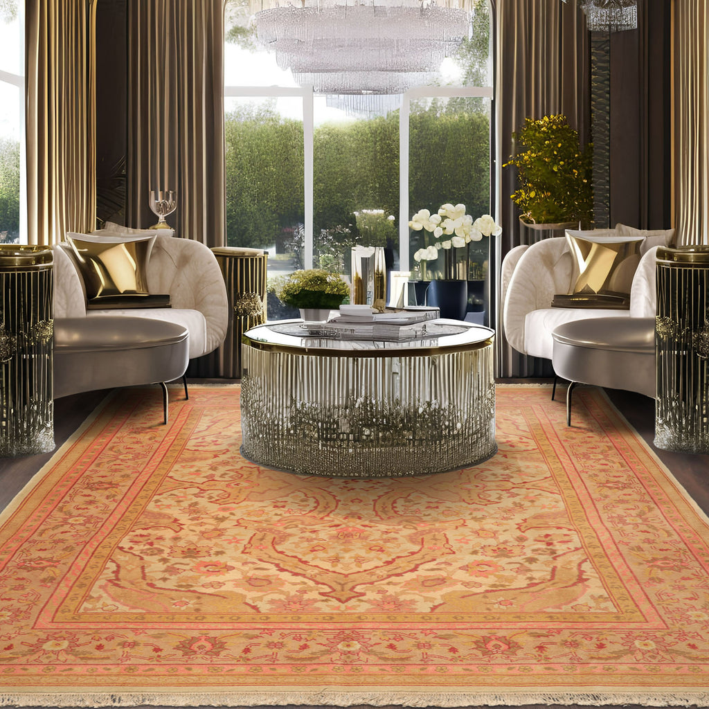 8'11''x11'11'' hand-knotted Indo-Oushak beige wool rug with soft medallion and rose, sage, and gold accents — low 0.25'' pile oriental rug for U.S. living rooms.