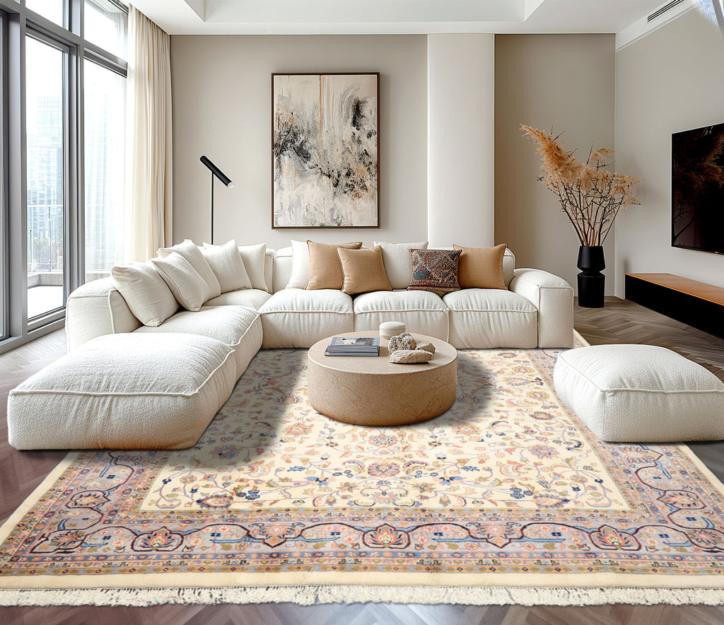 9x12 Ivory, Faded Lavender, Sage Color Hand Knotted Indo Kashan Wool Traditional Oriental Rug
