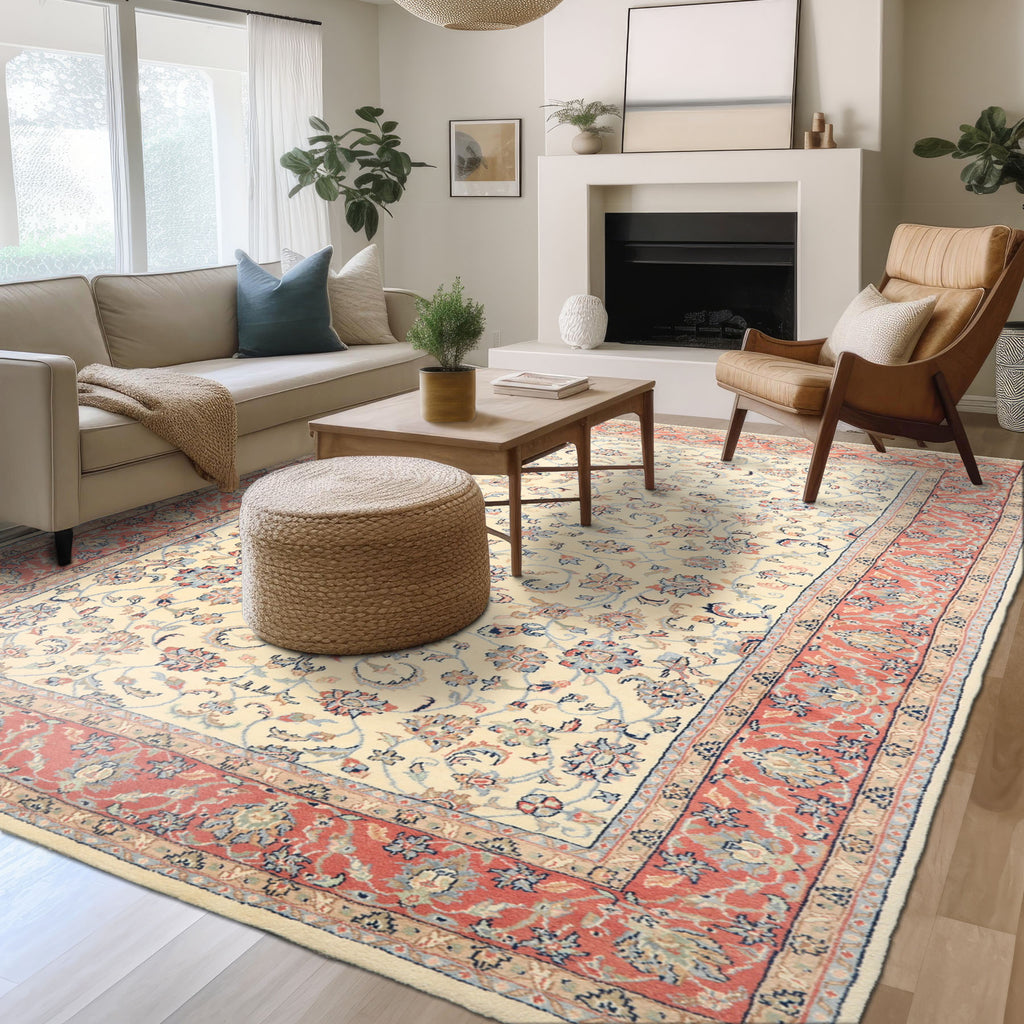 6x9 Ivory, Rose, Blue Color Hand Knotted Indo Kashan Wool Traditional Oriental Rug