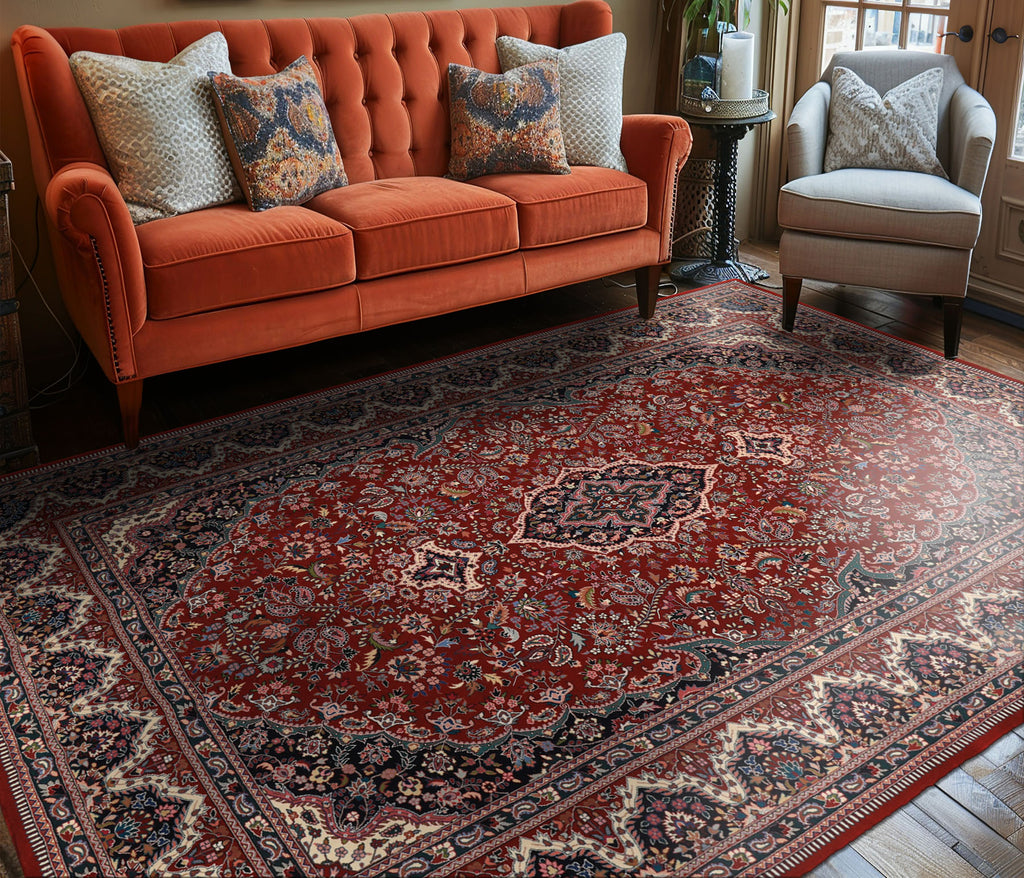 6x9 Red, Ivory, Navy Color Hand Knotted Pak Persian Wool & Silk Traditional Oriental Rug