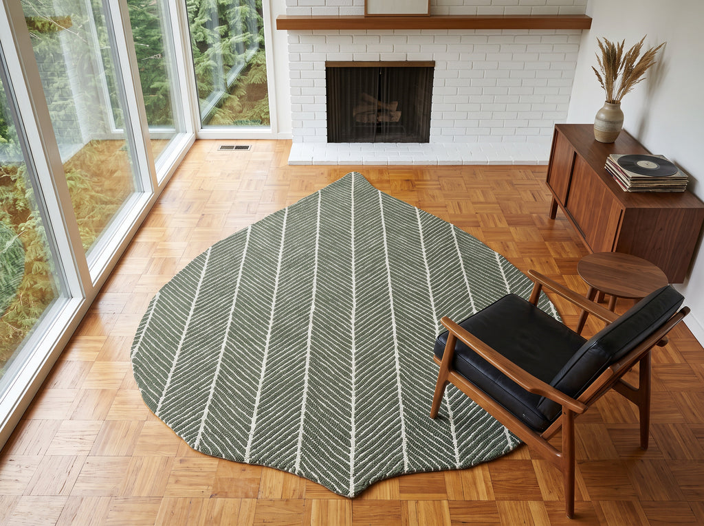 Multi Size Green Beige Color Hand Hooked Leaf Jute loop Contemporary Oriental Rug