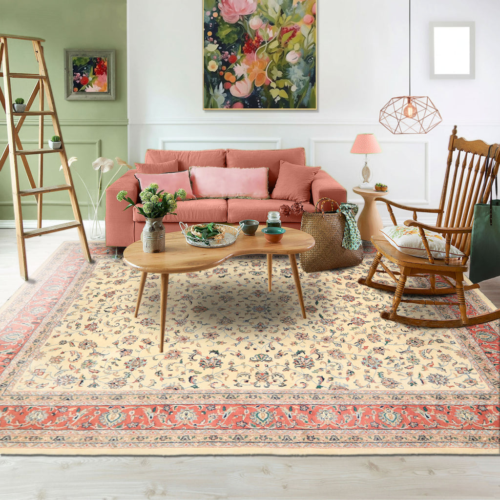 9x12 Ivory, Blush, Aqua Color Hand Knotted Agra Wool Traditional Oriental Rug