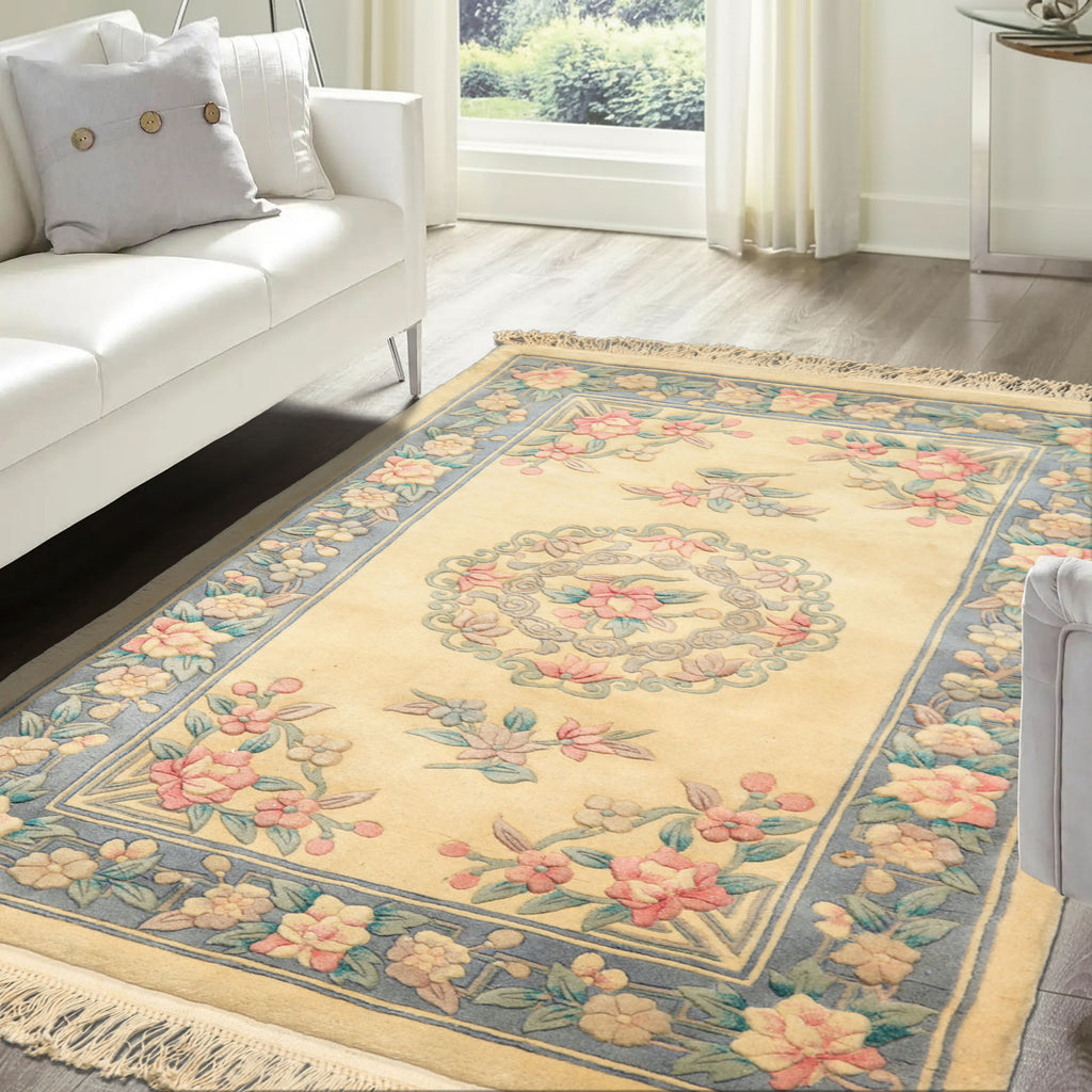 3x5 Ivory, Aqua, Blue Color Hand Knotted French Aubusson Savonerrie Wool Traditional Oriental Rug