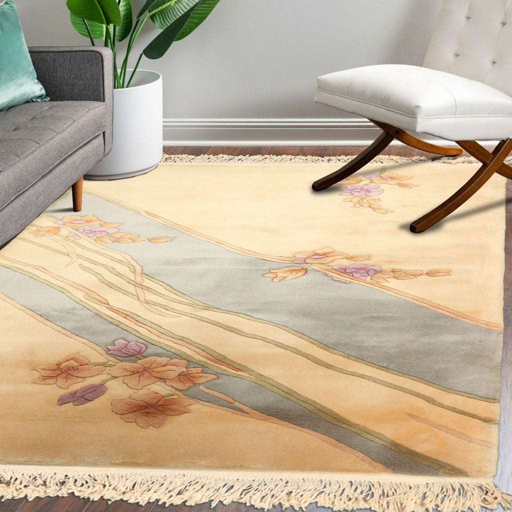 4x6 Beige, Aqua, Lavender Color Hand Knotted French Aubusson Savonerrie Wool Transitional Oriental Rug