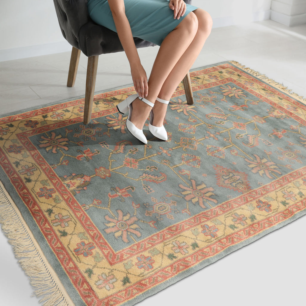 4x6 Aqua, Rose, Gold Color Hand Knotted Indo Oushak Wool Arts & Crafts Oriental Rug