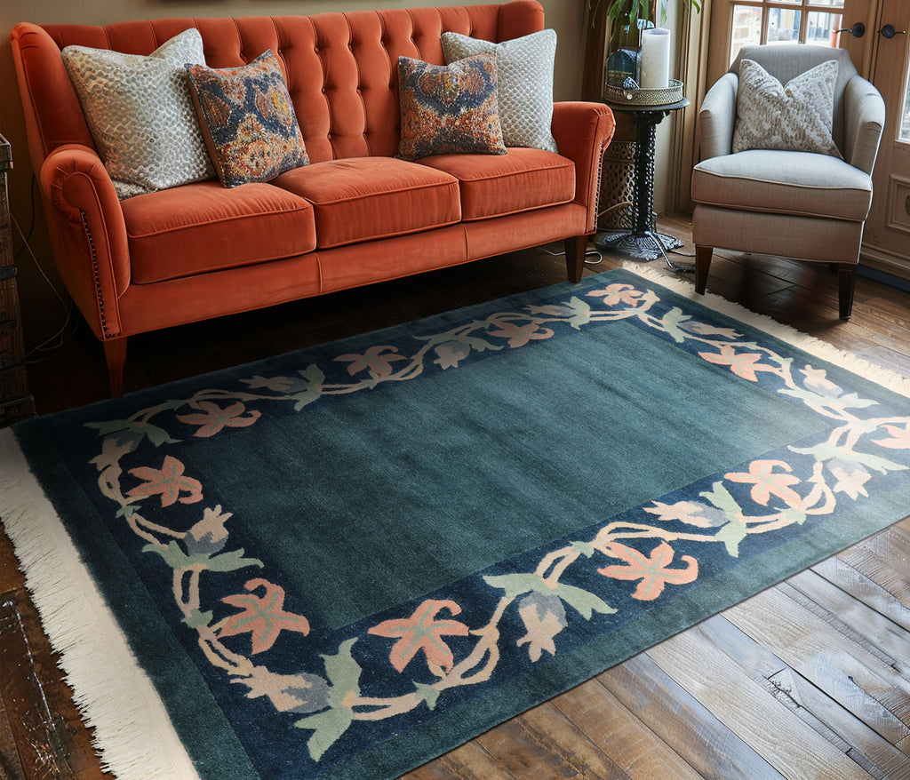 4x6 Teal, Navy, Blush Color Hand Knotted Tibetan Wool Classic European Oriental Rug