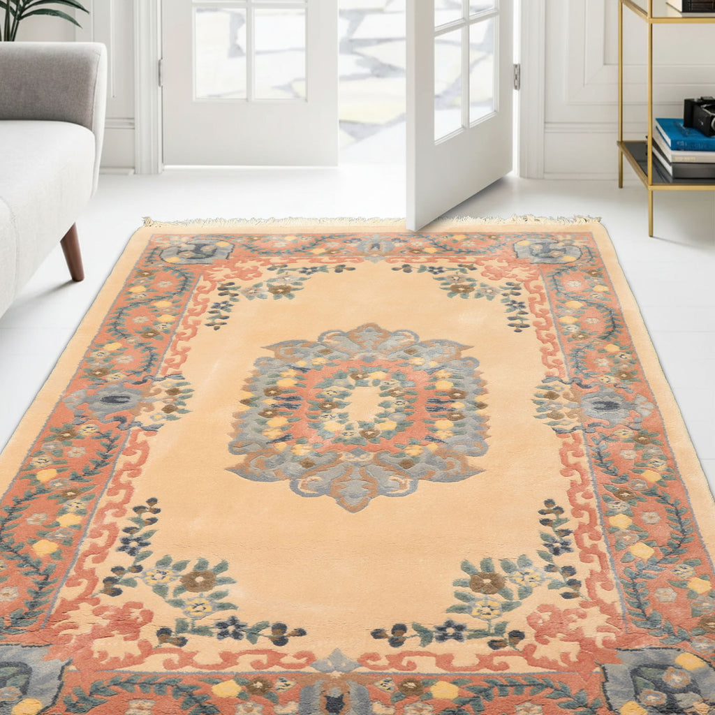 4x6 Peach, Blush, Blue Color Hand Knotted French Aubusson Savonerrie Wool Traditional Oriental Rug