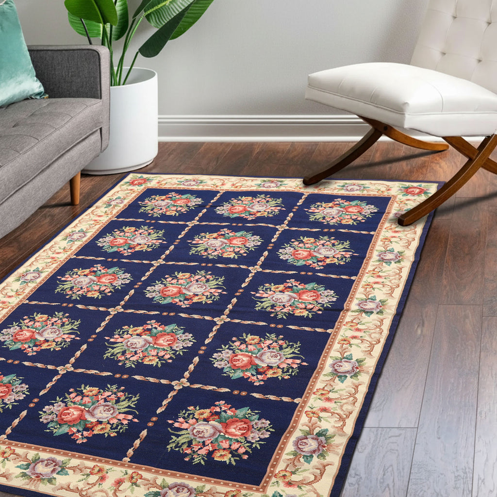 4x6 Navy, Ivory, Green Color Hand Knotted French Aubusson Needlepoint Wool Traditional Oriental Rug