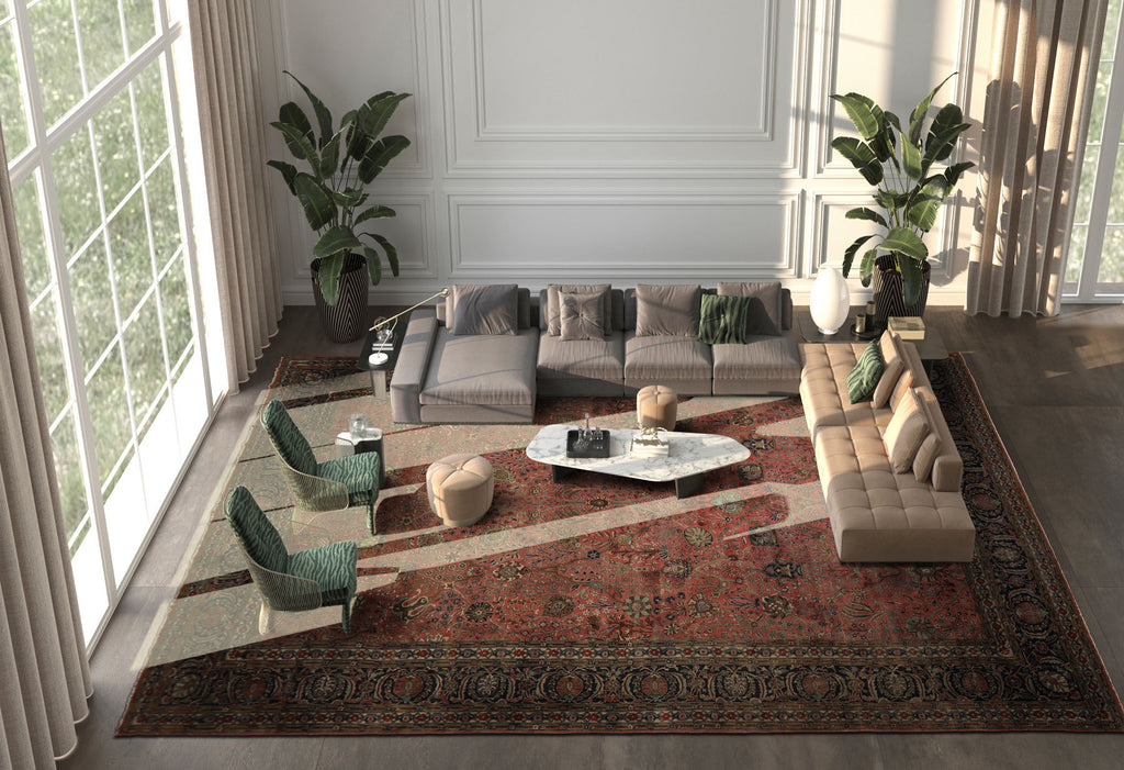 Oversize Antique Rose, Navy, Brown Color Hand Knotted Sarouk Wool Traditional Oriental Rug