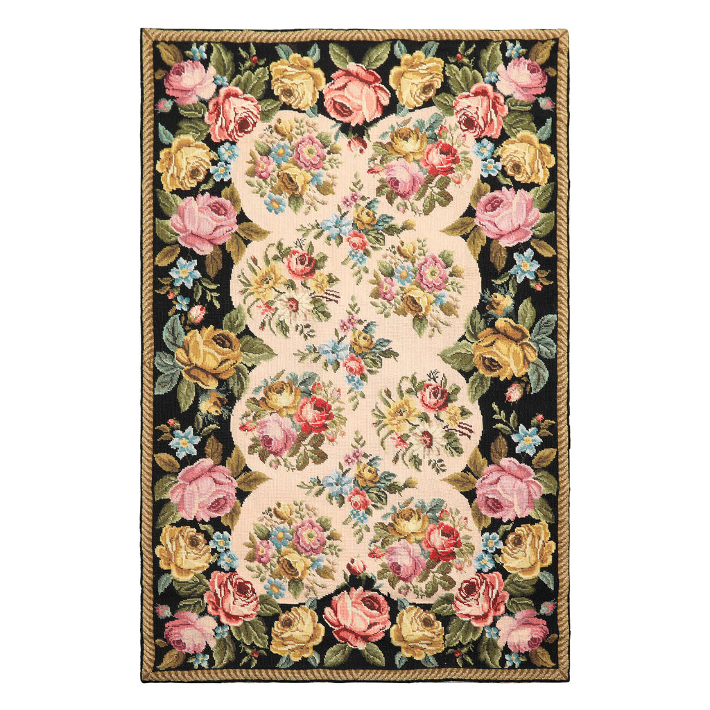4x6 Blush, Black, Green Color Hand Woven French Needlepoint Wool Traditional Oriental Rug