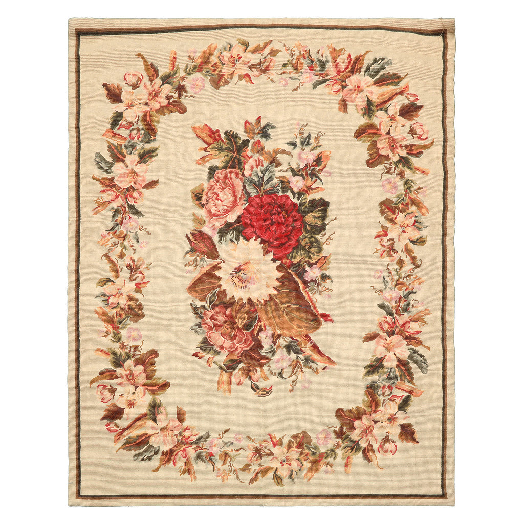 4x6 Ivory, Pink, Blush Color Hand Woven French Needlepoint Wool Traditional Oriental Rug