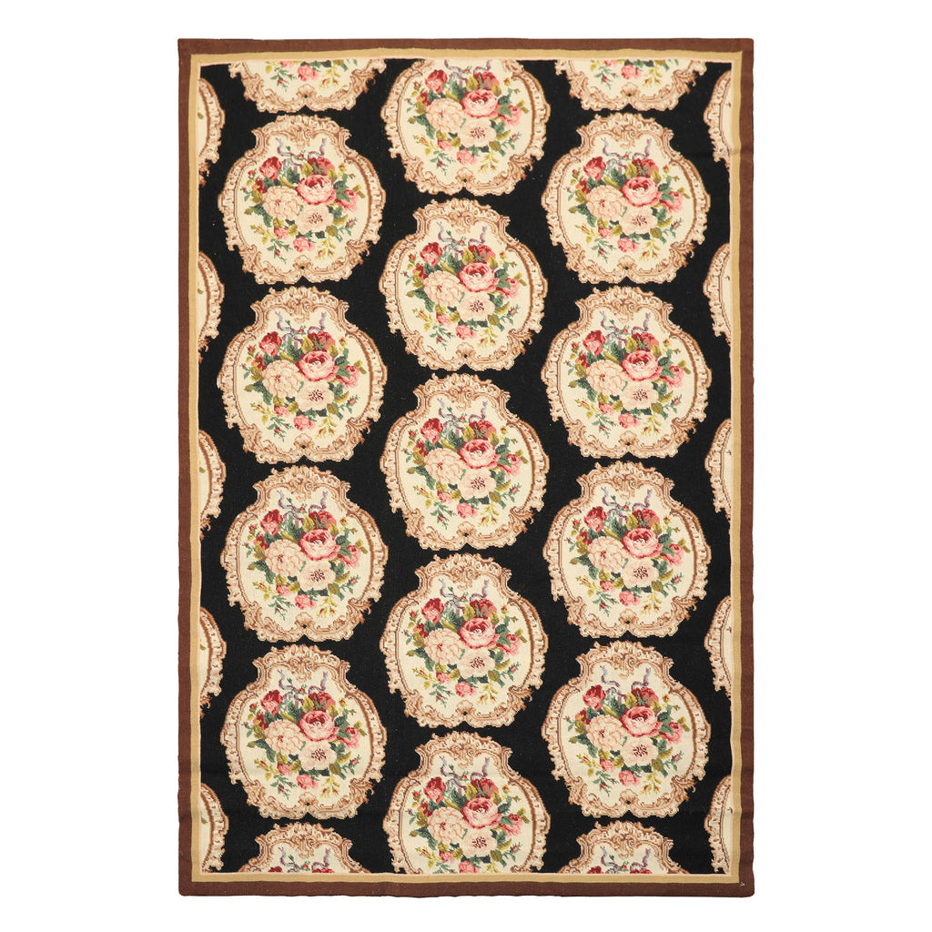 4x6 Black, Ivory, Brown Color Hand Woven French Needlepoint Wool Traditional Oriental Rug
