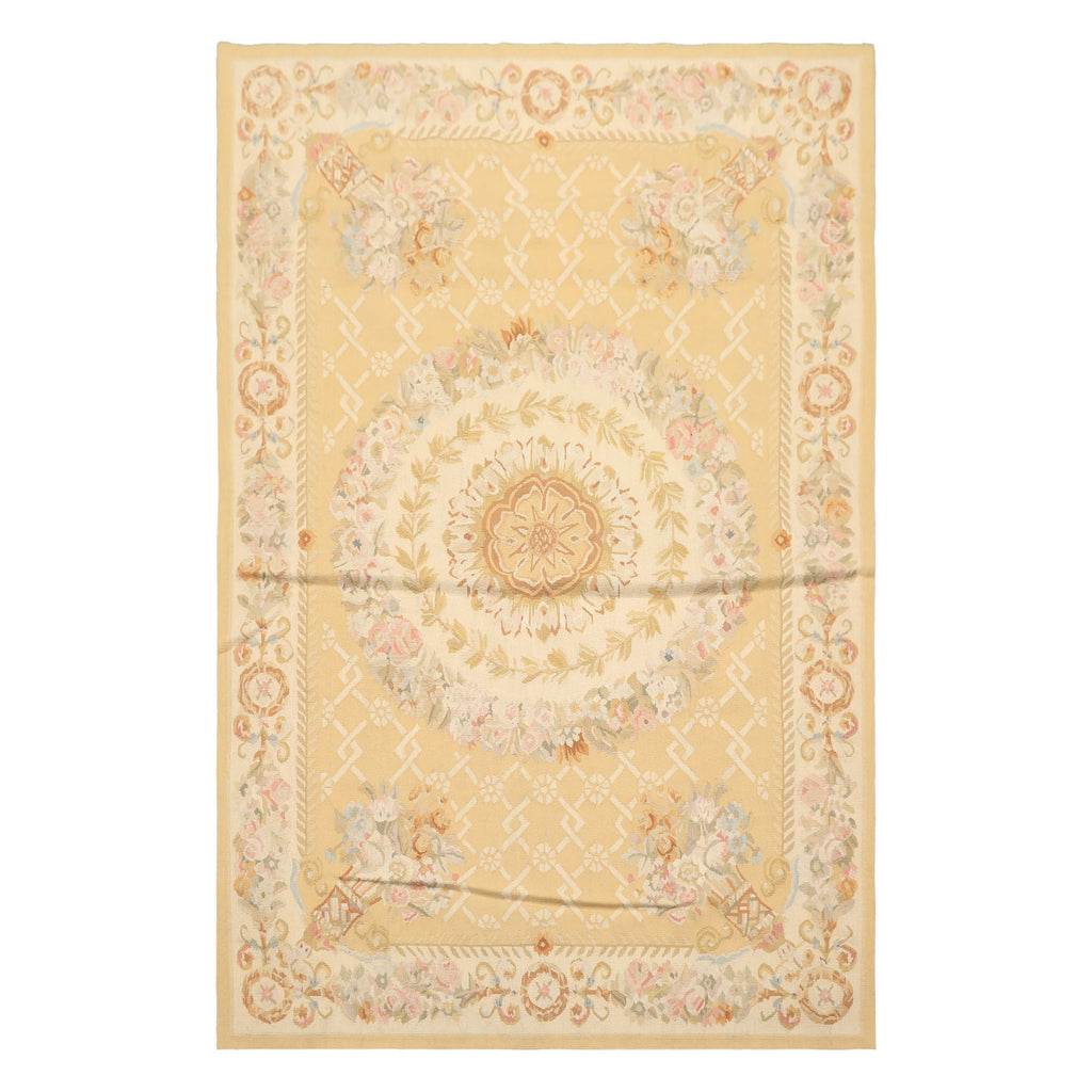 4x6 Khaki, Beige, Blush Color Hand Woven French Aubusson Wool Traditional Oriental Rug