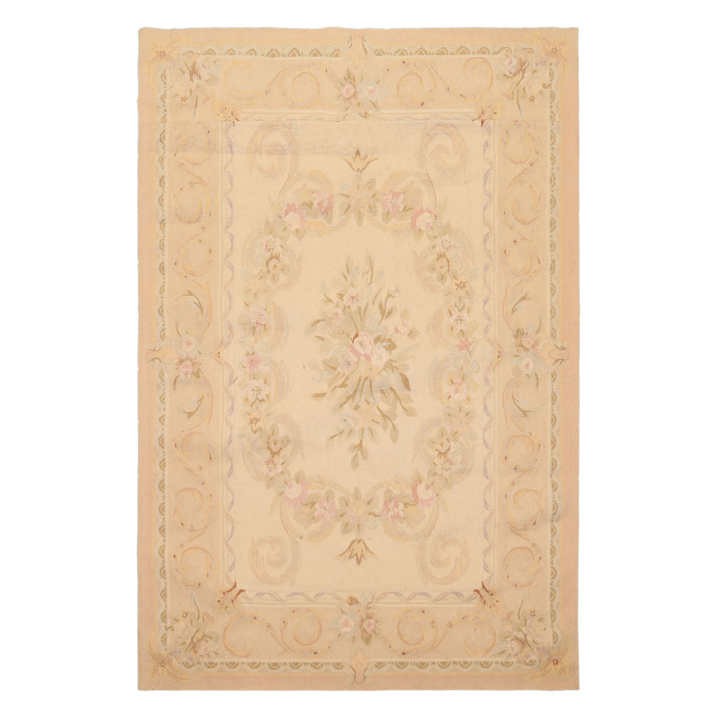 4x6 Beige, Tan, Peach Color Hand Woven French Aubusson Wool Traditional Oriental Rug