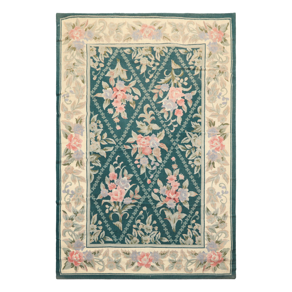 4x6 Teal, Ivory, Blush Color Hand Woven French Needlepoint Wool Traditional Oriental Rug