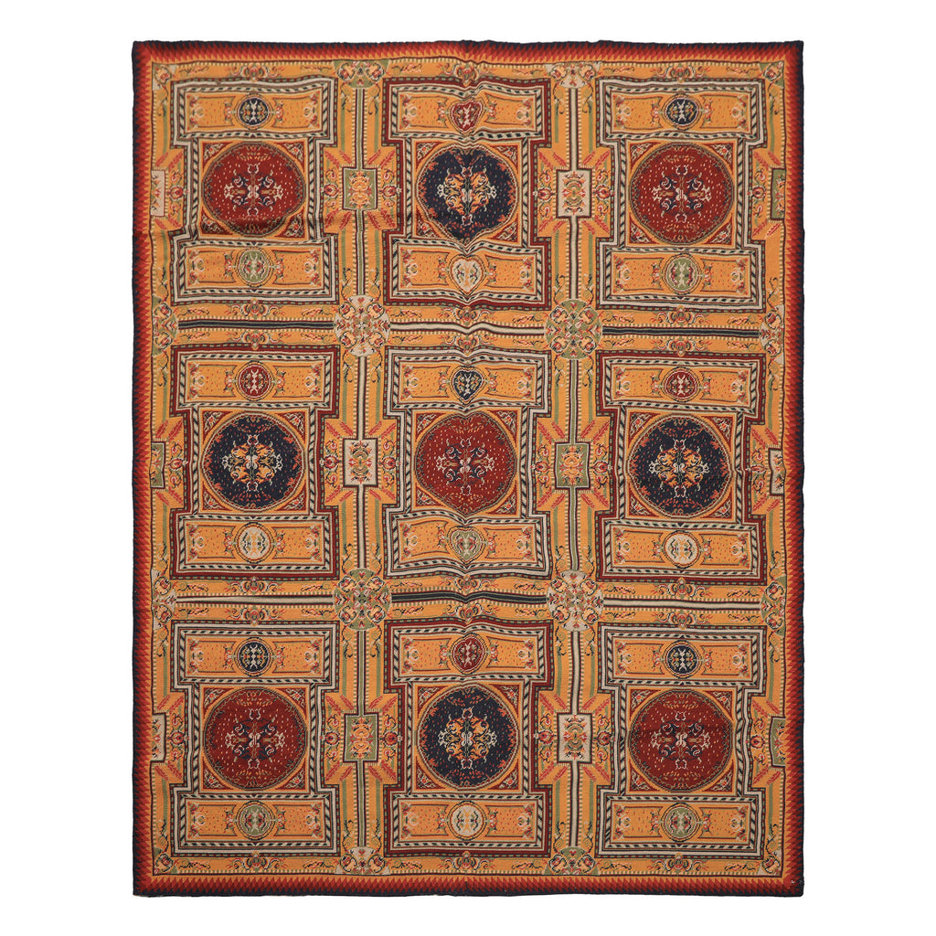 5x8 Gold, Navy, Green Color Hand Woven French Needlepoint Wool Traditional Oriental Rug