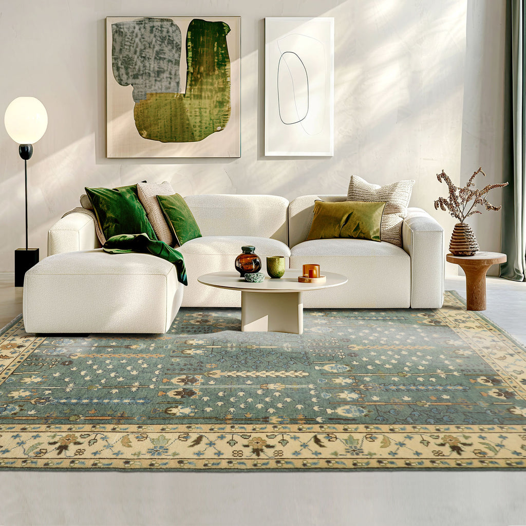 10x14 Celadon, Ivory, Brown Color Hand Knotted Oushak Wool Traditional Oriental Rug