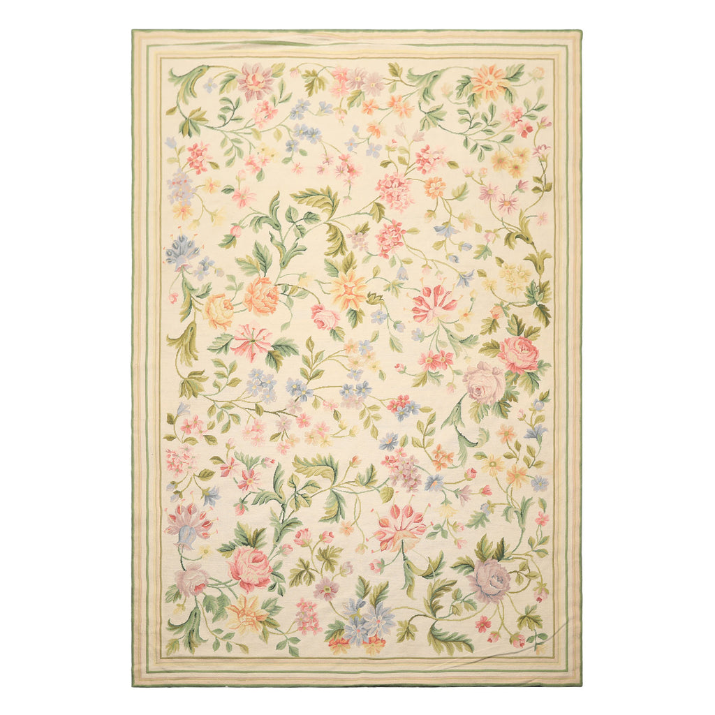 6x9 Ivory, Lime, Blue Color Hand Woven French Needlepoint Aubusson Wool Traditional Oriental Rug