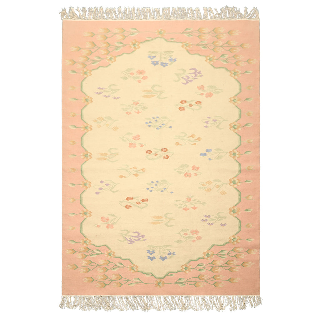 6x9 Ivory, Blush, Green Color Hand Woven Dhurry Kilim Wool Transitional Oriental Rug