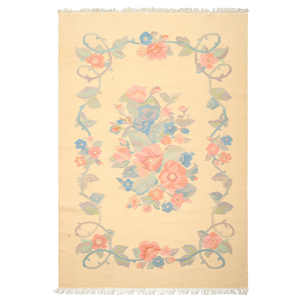 6x9 Ivory, Aqua, Rose Color Hand Woven Dhurry Kilim Wool Transitional Oriental Rug