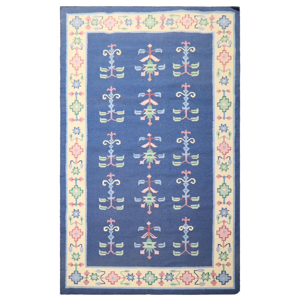 5x8 Blue, Ivory, Blush Color Hand Woven Dhurry Kilim Wool Transitional Oriental Rug