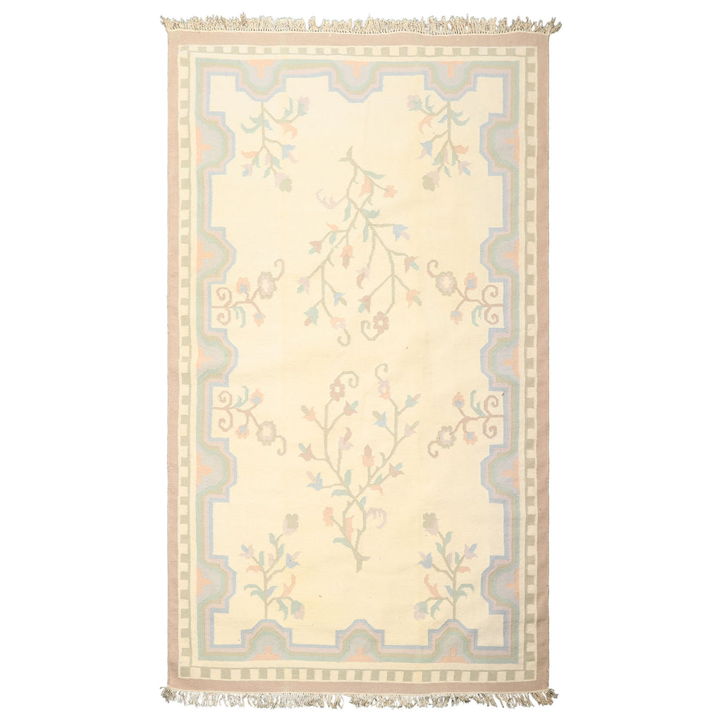 5x8 Ivory, Blush, Lavender Color Hand Woven Dhurry Kilim Wool Transitional Oriental Rug