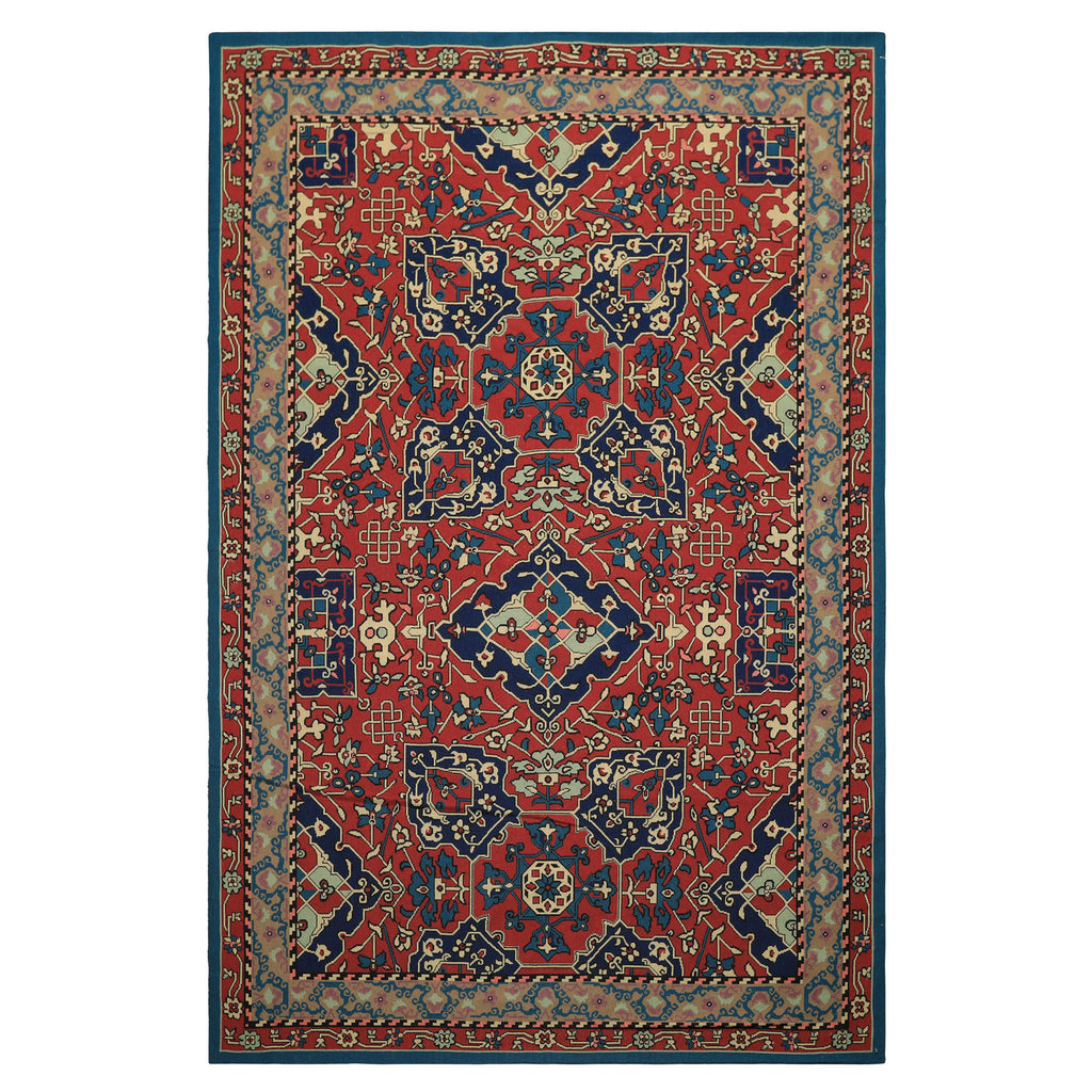 6x9 Rusty Red, Aqua, Navy Color Hand Woven French Aubusson Needlepoint Wool Traditional Oriental Rug