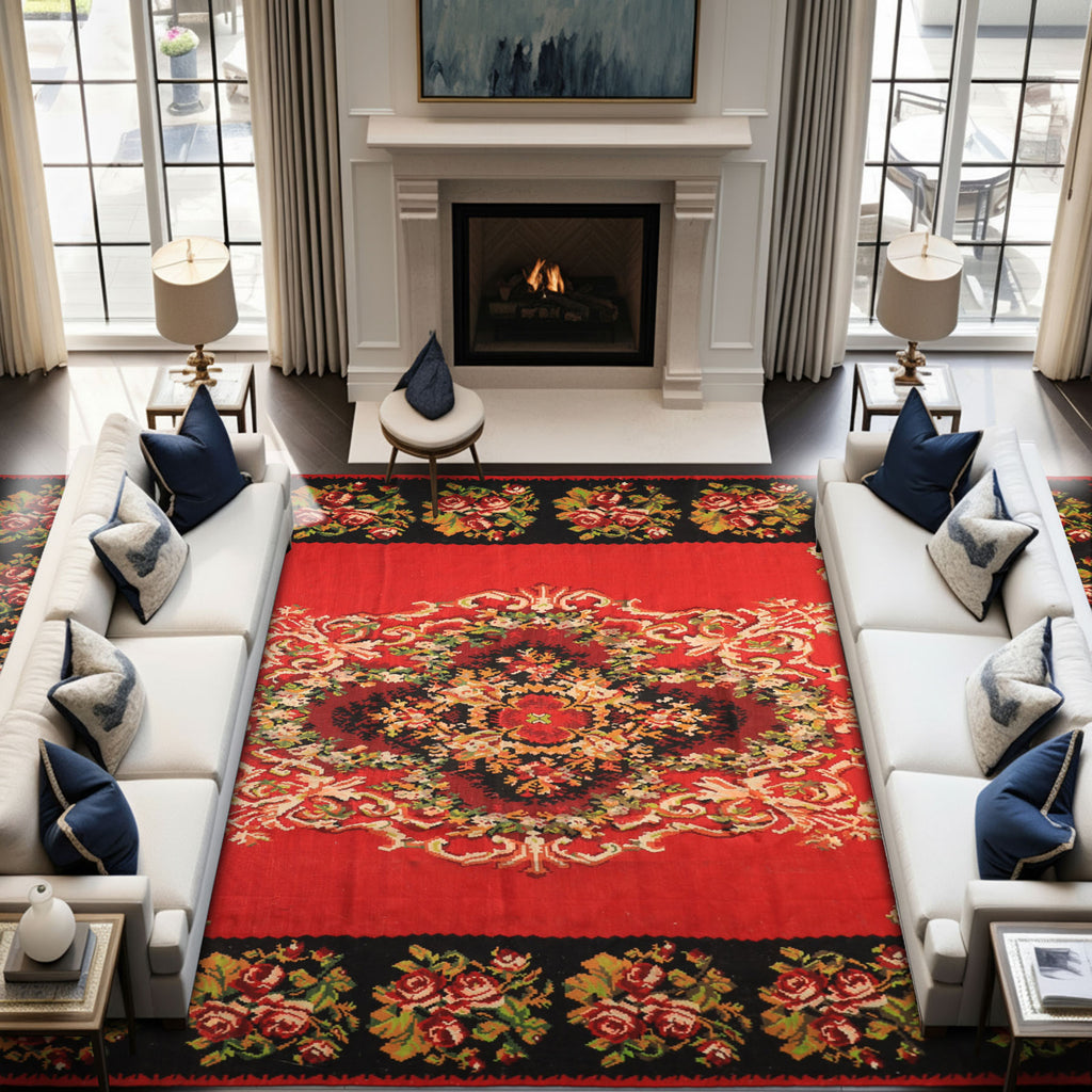 9x12 Red, Charcoal, Maroon Color Hand Woven Turkish Kilim Wool Traditional Oriental Rug