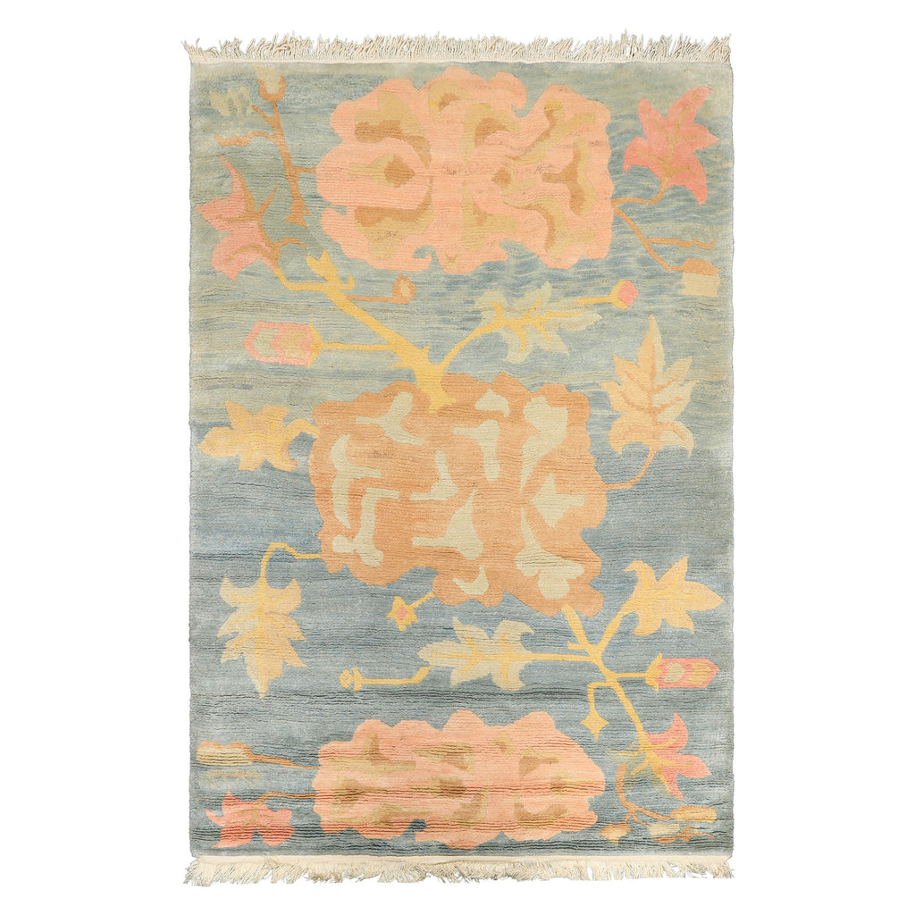 4x6 Blue, Blush, Peach Color Hand Knotted Tibetan Wool Transitional Oriental Rug