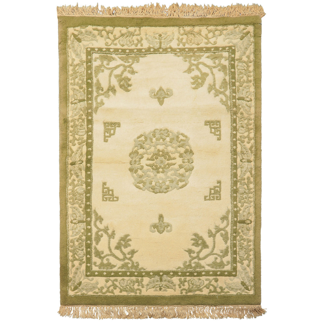 4x6 Ivory, Olive, Green Color Hand Knotted Indo-Tibetan Wool Art Deco Oriental Rug