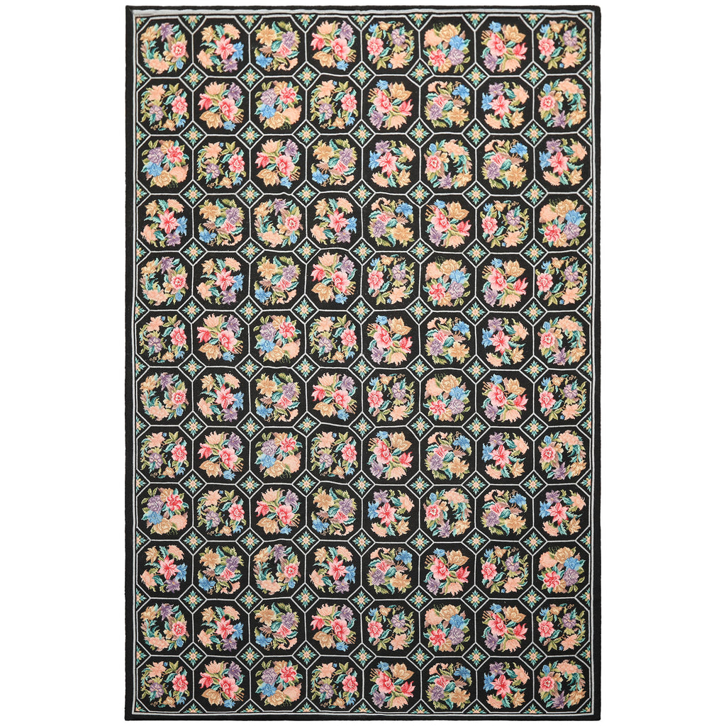 5x8 Black, Pink, Blue Color Hand Woven French Savonerrie Needlepoint Wool Traditional Oriental Rug