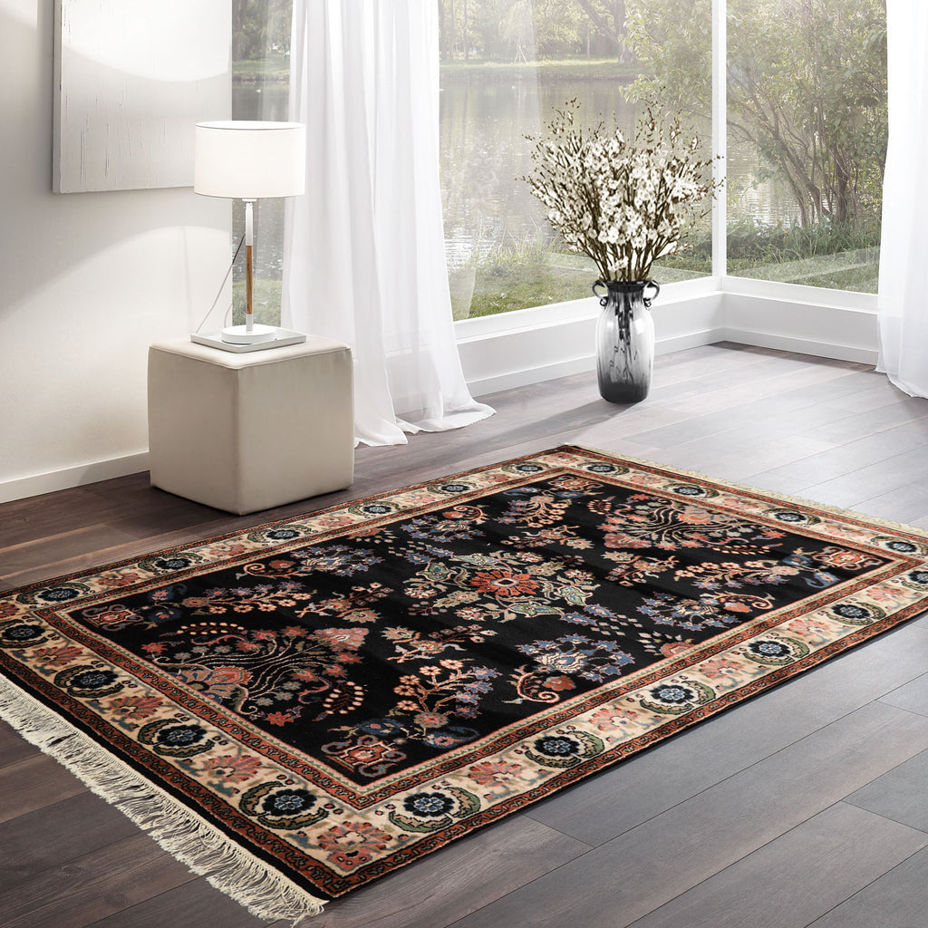 4x6 Black, Ivory, Sage Color Hand Knotted Indo Sarouk New Zealand Wool Traditional Oriental Rug