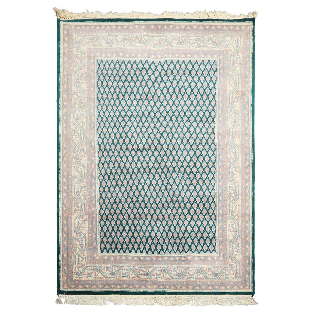 4x6 Emerald, Rose, Ivory Color Hand Knotted Boteh Wool Traditional Oriental Rug