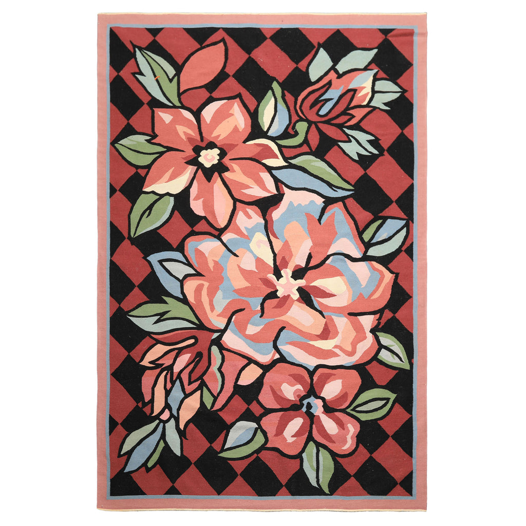 6x9 Rose, Black, Lime Color Hand Woven Kilim Wool Contemporary Oriental Rug