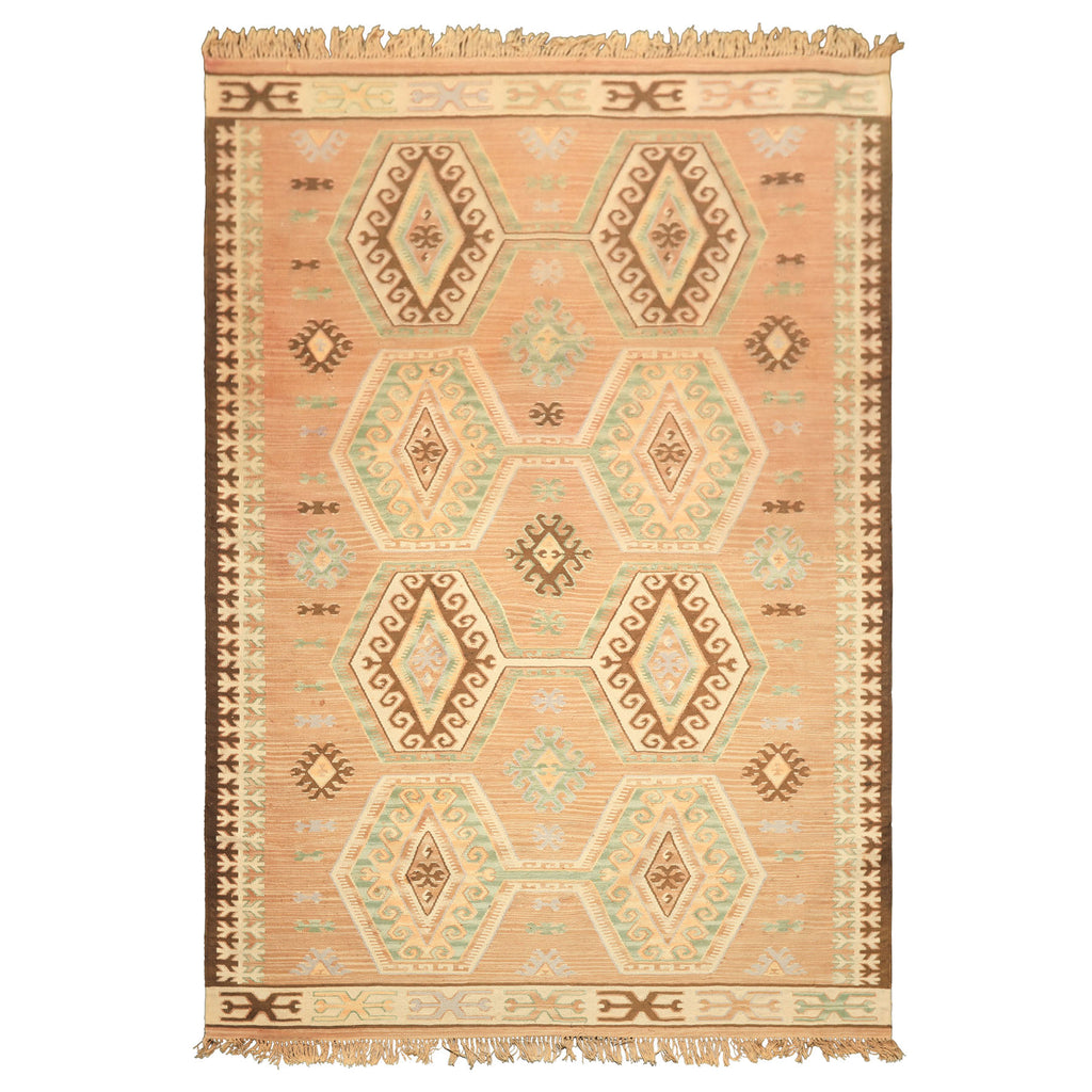 6x9 Tan, Light Peach, Ivory Color Hand Woven Kilim Wool Traditional Oriental Rug