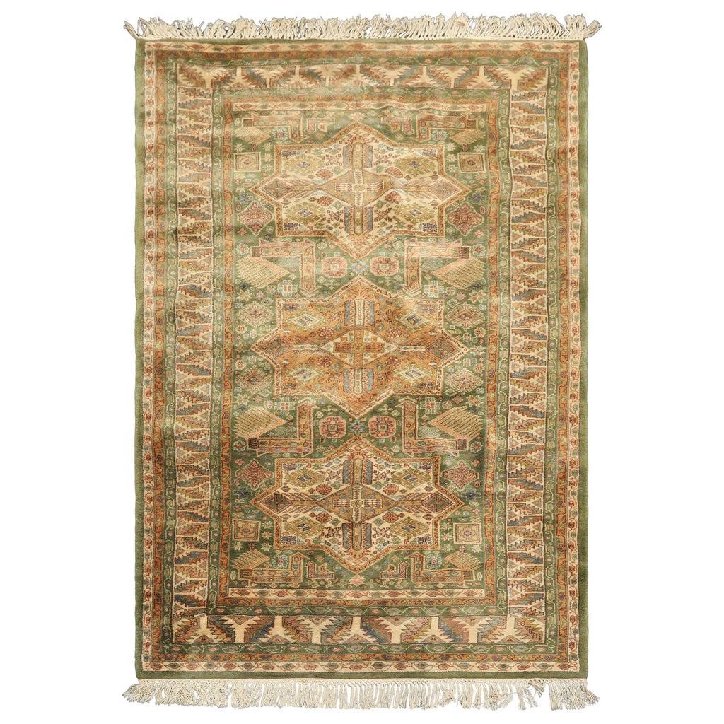 4x6 Green, Ivory, Tan Color Hand Knotted Kazak Wool Traditional Oriental Rug