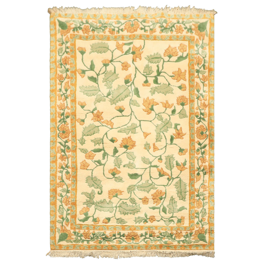 4x6 Ivory, Gold, Green Color Hand Knotted French Aubusson savonnerie Wool Traditional Oriental Rug