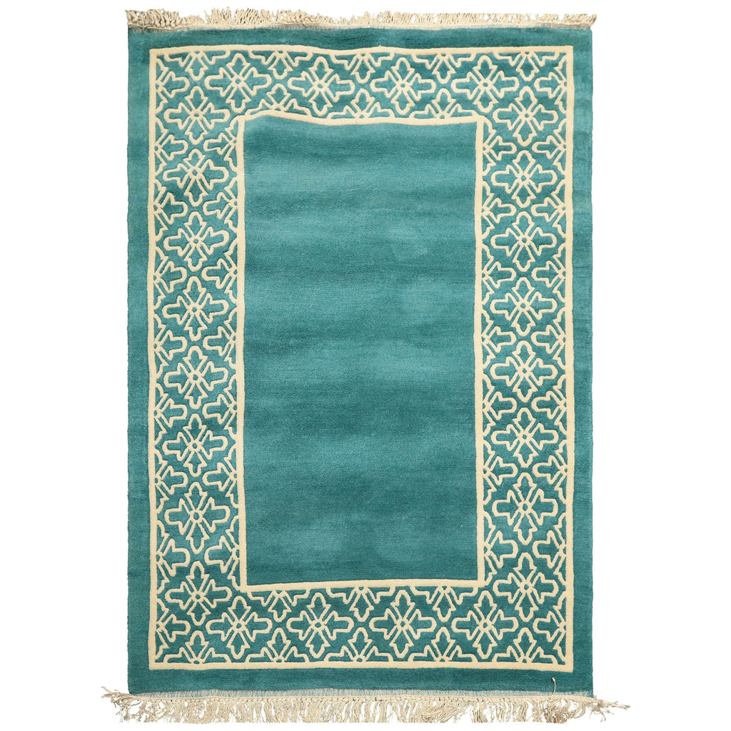 4x6 Turquoise, Ivory, Color Hand Knotted Indo Tibetan Wool Transitional Oriental Rug