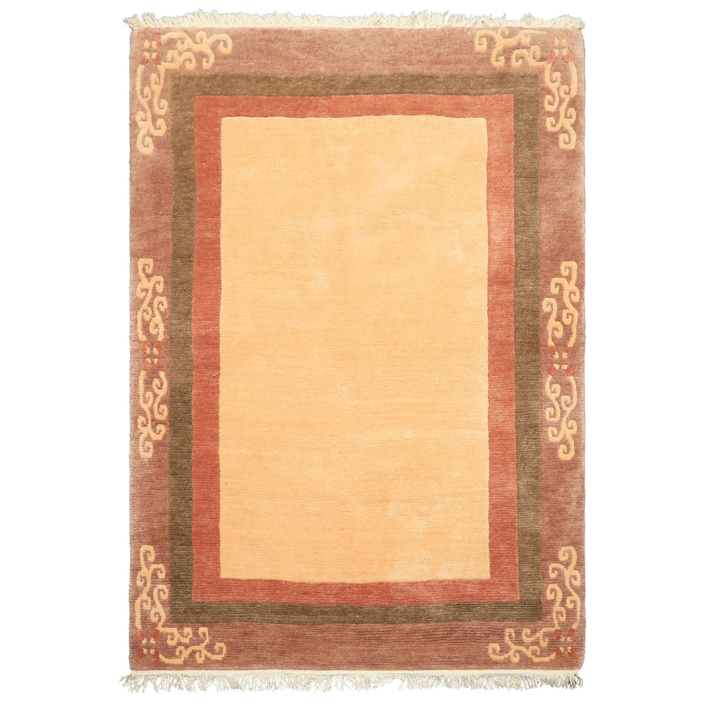 4x6 Ivory, Rose, Olive Color Hand Knotted Tibetan Wool Traditional Oriental Rug