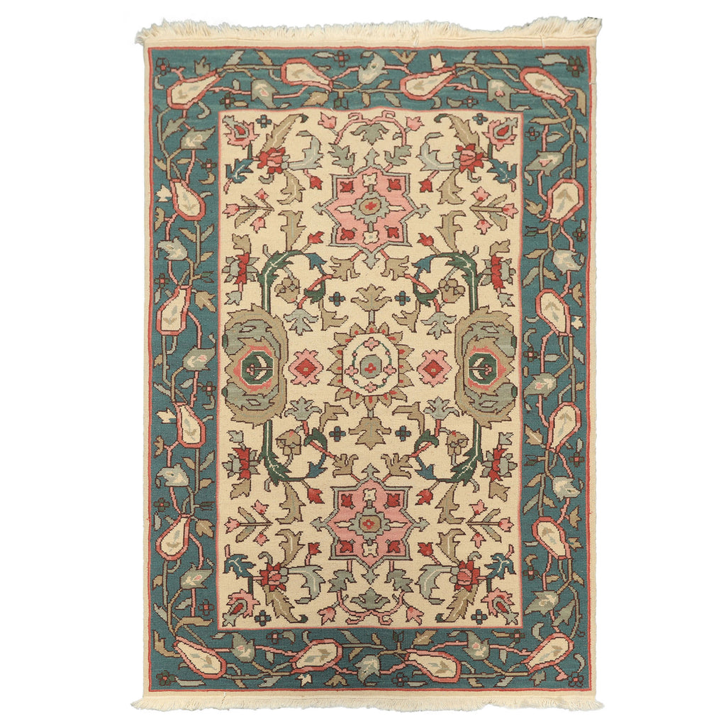 4x6 Ivory, Turquiose, Moss Color Hand Knotted Nourison Nourmak Soumak Wool Traditional Oriental Rug
