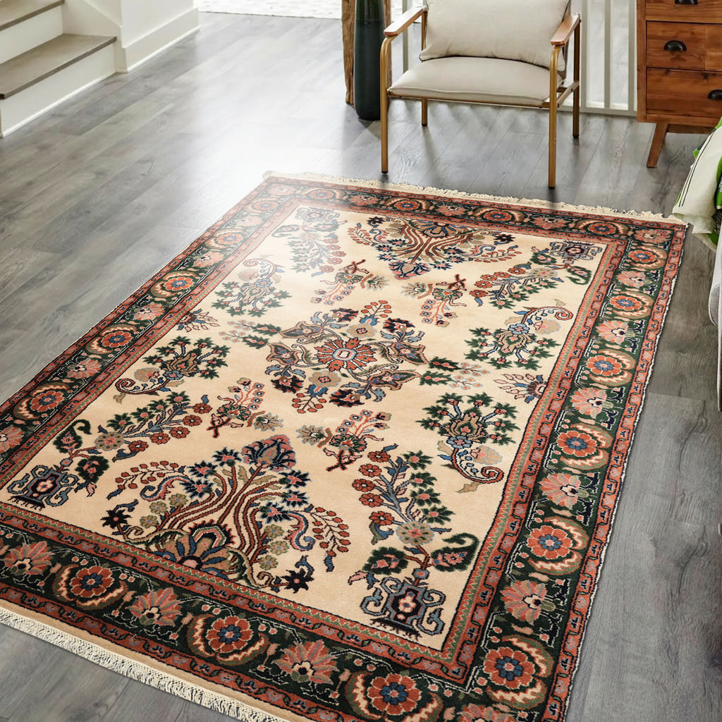 4x6 Ivory, Green, Rose Color Hand Knotted Indo Sarouk New Zealand Wool Traditional Oriental Rug