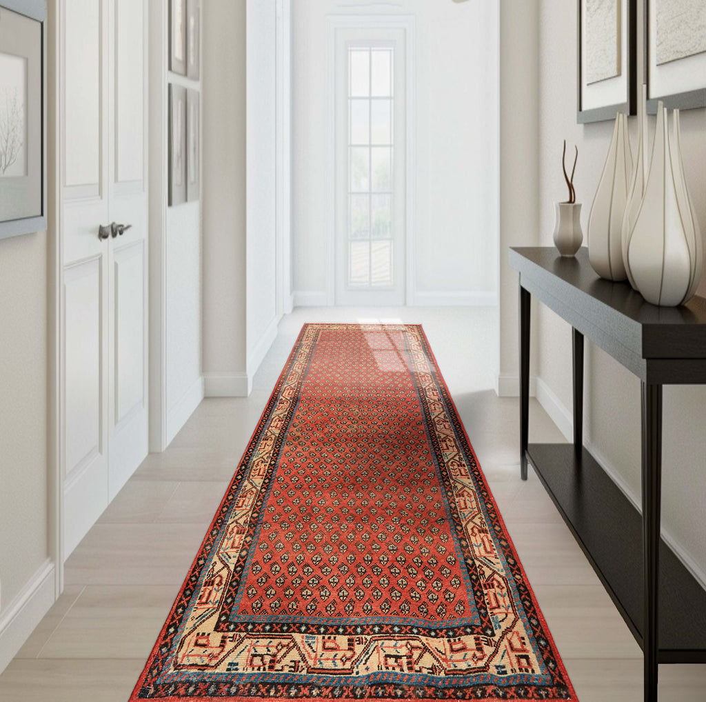 Runner Rust, Ivory, Blue Color Hand Knotted Vintage Gul Wool Traditional Oriental Rug