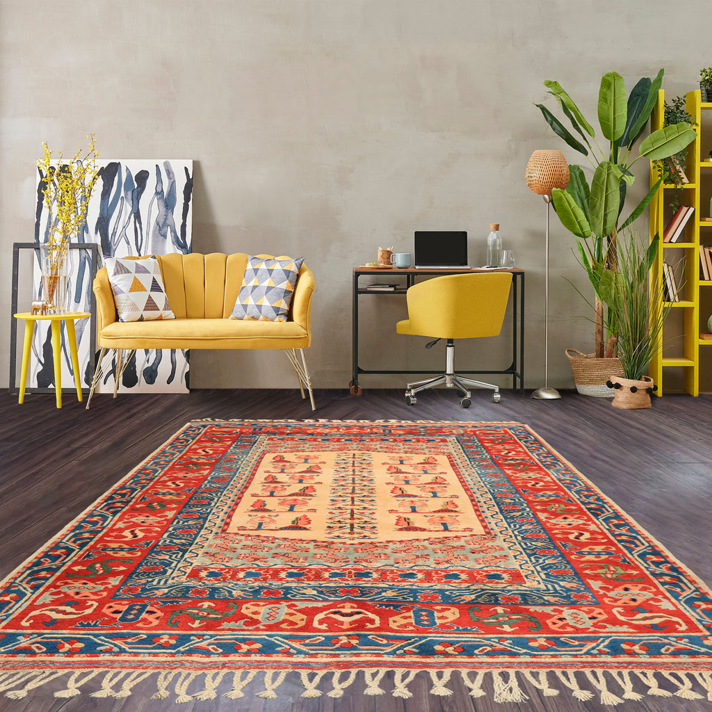 6x7 Ivory, Orange, Aqua Color Hand Knotted Turkish Kula Wool Traditional Oriental Rug