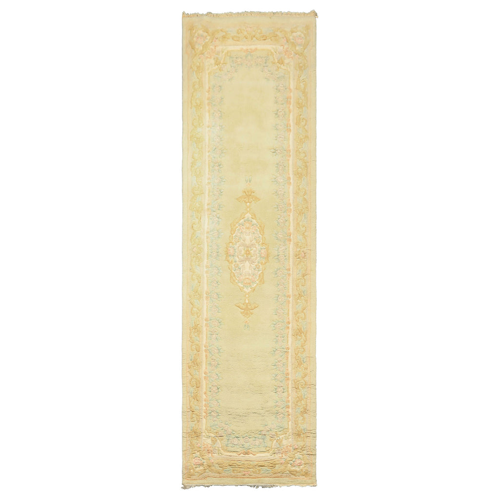 Runner Faded Mint, Aqua, Blush Color Hand Knotted French Aubusson savonnerie Wool Traditional Oriental Rug