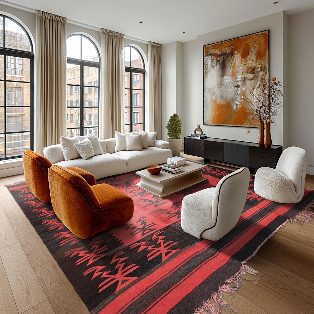 Red Charcoal 7x8'10'' Flatweave Turkish Kilim Southwestern Geometric Antique Wool Hand Woven Oriental Area Rug